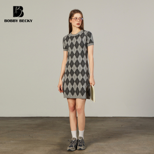 Bobbybecky丝光羊毛连衣裙菱格纹短袖针织毛衣气质圆领早秋长裙子