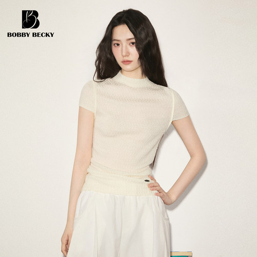 BobbyBecky复古纹路感波浪绞花肌理半高领修身小飞袖羊毛针织上衣