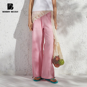 Bobbybecky维希格直筒绣花格纹简约百搭休闲裤