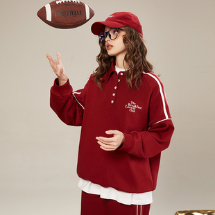 BOBBYBECKY美式复古学院polo领撞色卫衣裤女春季新款宽松设计套装