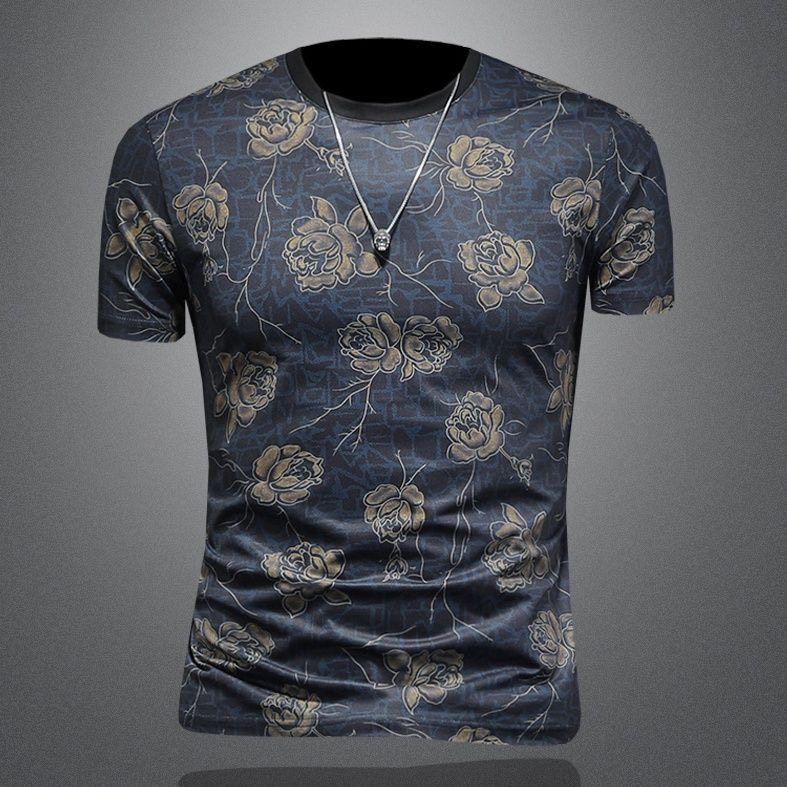 欧洲站轻奢个性花色短袖t恤男士夏季潮牌时尚帅气印花半袖上衣服