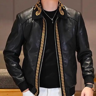 欧货轻奢高端潮牌拼接翻领夹克男士秋冬新款时尚痞帅百搭皮衣外套