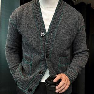 秋冬季高级感撞色毛衣外套男士轻奢潮牌时尚休闲简约针织开衫上衣
