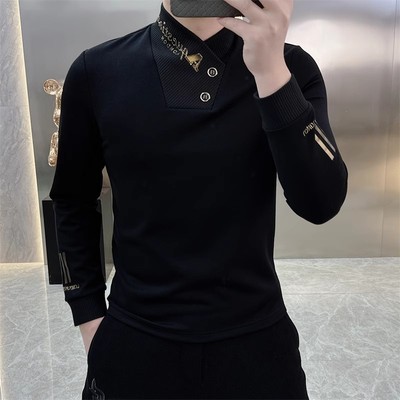 秋冬新款高端设计感拼接立领长袖上衣男士商务气质小众印花卫衣服