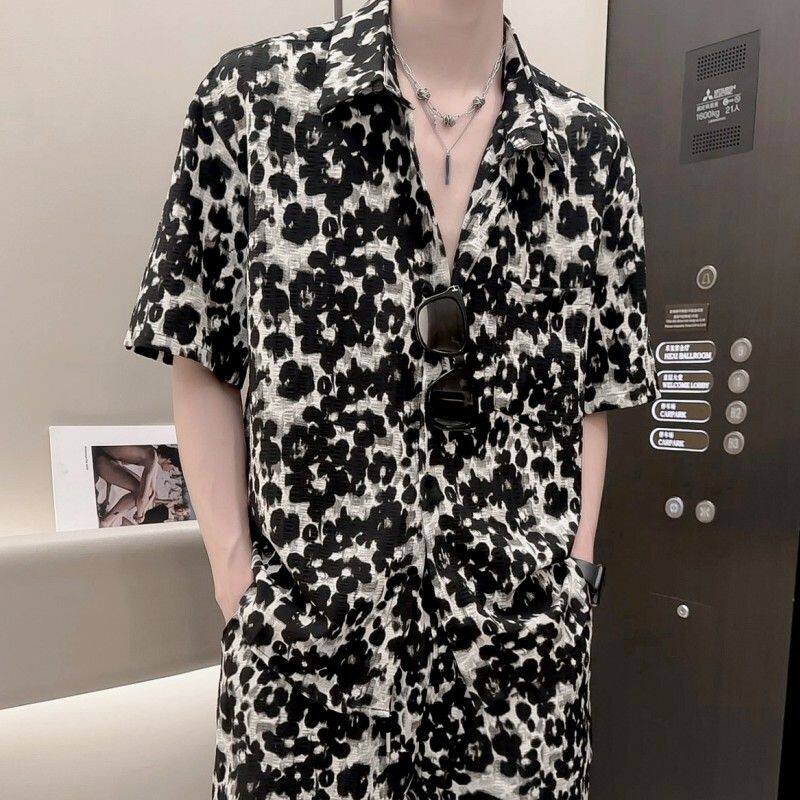 痞帅个性豹纹印花短袖衬衫套装