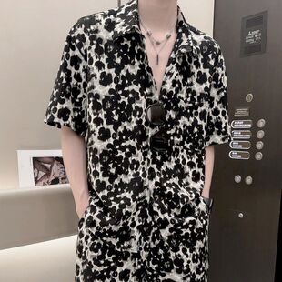 男士 套装 痞帅个性 时尚 两件套 潮流宽松豹纹印花短袖 休闲五分裤 衬衫