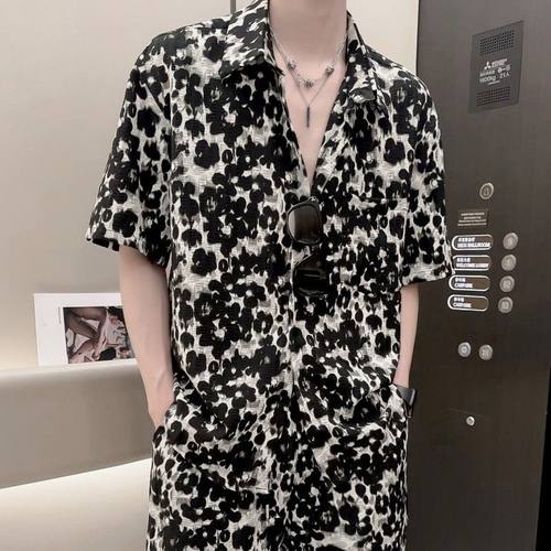 痞帅个性豹纹印花短袖衬衫套装