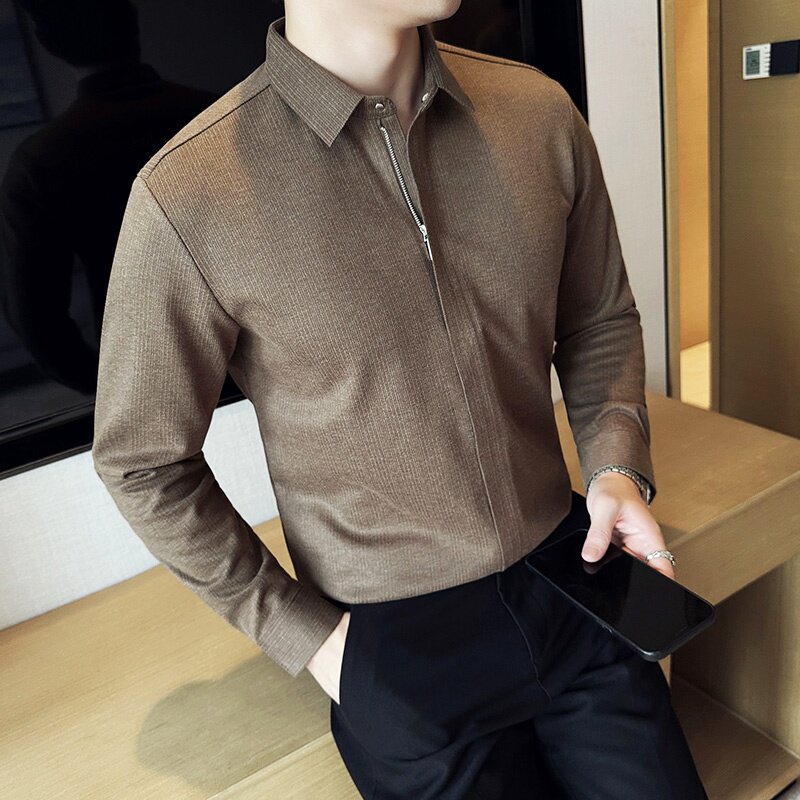 2025新款设计简约纯色时尚长袖衬衫男士潮牌轻奢商务翻领拉链上衣