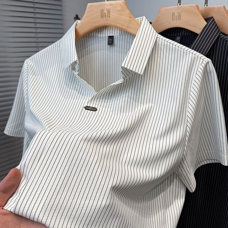 夏季新款时尚竖条纹翻领短袖上衣男士潮牌商务休闲V领透气半袖T恤