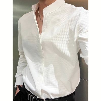 新中式潮牌高级修身立领衬衫男士春秋新款简约纯色华夫格长袖上衣