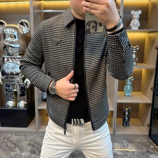 秋冬新款时尚设计感千鸟格印花翻领夹克男士商务轻奢高级开衫上衣