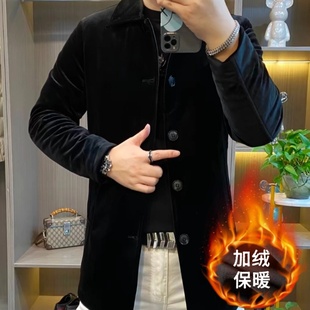 秋冬新款时尚潮牌纯色中长款上衣外套男士新中式百搭翻领开衫夹克