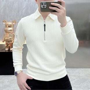 2025秋冬时尚简约纯色翻领卫衣男士小众舒适个性半拉链长袖上衣