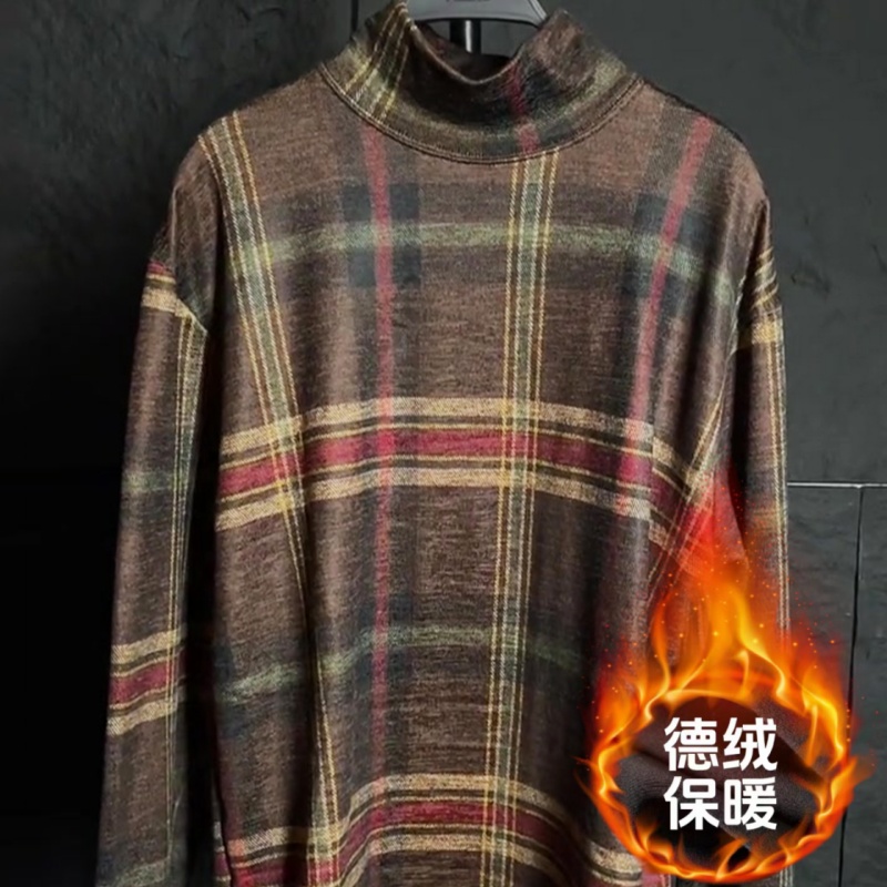 2025秋冬新款轻奢复古格纹撞色长袖打底衫男士潮牌港风半高领T恤