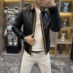 秋冬新款轻奢潮流翻领开衫夹克男士高端痞帅个性时尚帅气皮衣外套