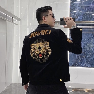 秋冬季新款灯芯绒夹克男士潮牌修身高端时尚休闲印花翻领上衣外套