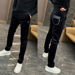 轻奢高端黑色裤子男士秋冬季加绒保暖金丝绒裤男修身潮牌休闲长裤