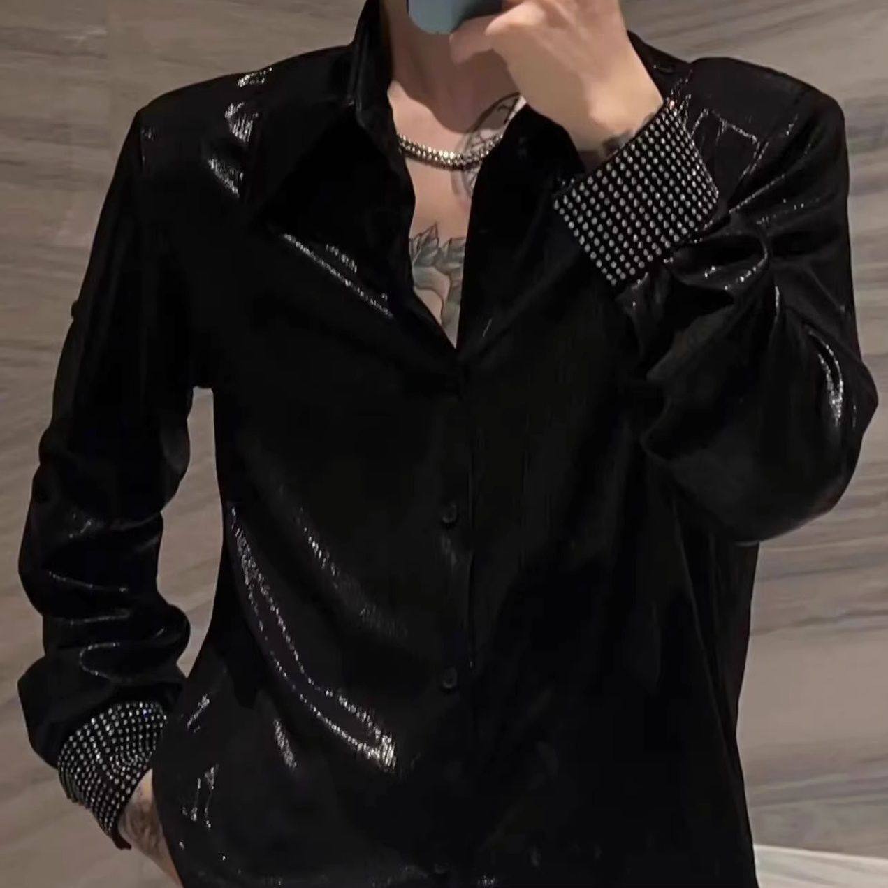 潮牌长袖痞帅烫钻衬衫