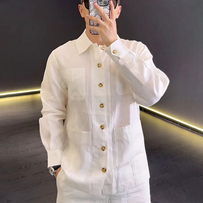 秋冬新款简约纯色设计长袖衬衫男士潮牌宽松百搭拼接口袋翻领衬衣