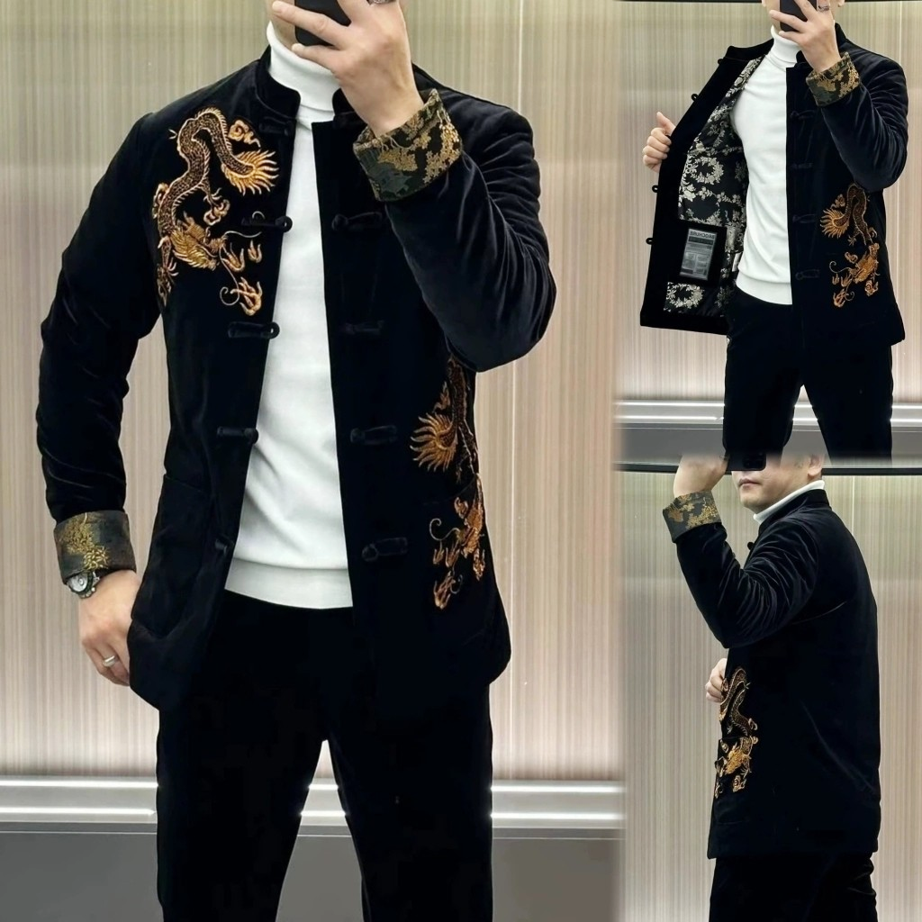 秋冬季新款国潮设计感气质刺绣开衫外套男士轻奢中式风盘扣唐装