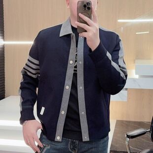 秋季新款时尚高级简约撞色翻领针织外套男士轻奢潮流条纹开衫毛衣