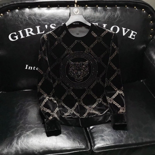 欧洲站高级感潮牌老虎头印花卫衣男士秋冬季金丝绒时尚休闲打底衫