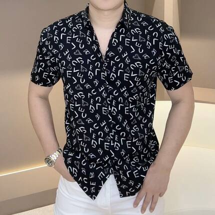 夏季新款潮流字母满印短袖衬衫男士痞帅个性时尚休闲半袖花衬衣服