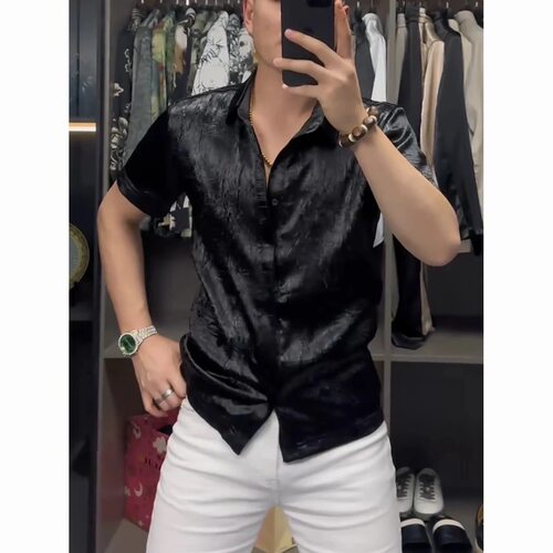 夏季新款轻奢潮流纯色百搭短袖衬衫男士高级感气质个性时尚衬衣服