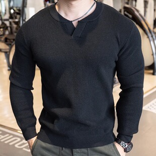 高级感帅气小V领长袖针织卫衣男士秋冬新款简约纯色休闲百搭上衣