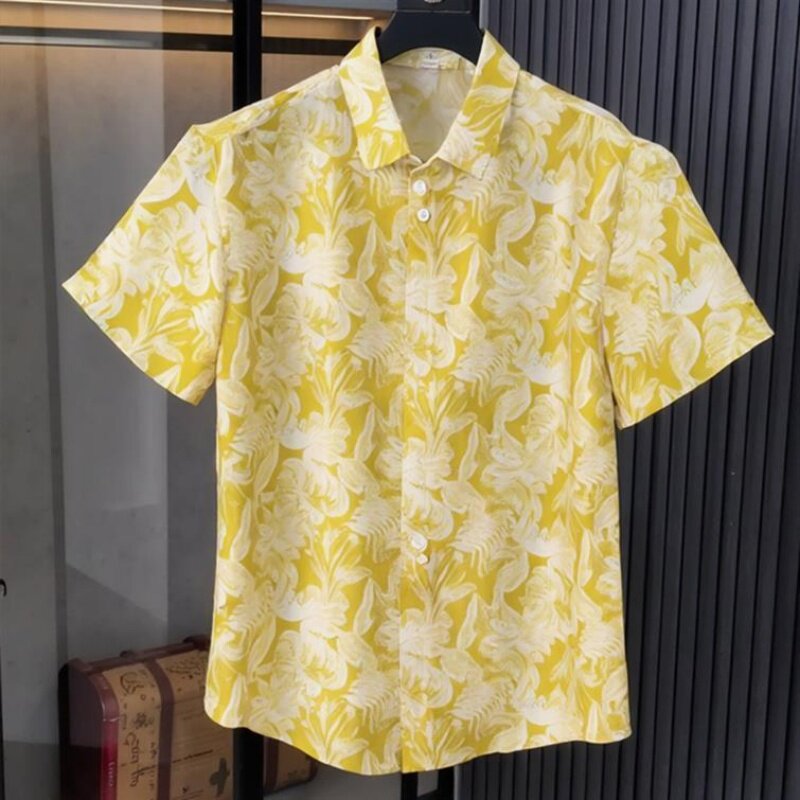 2026新款潮流休闲印花撞色短袖衬衫男士高档个性帅气纽扣半袖衬衣