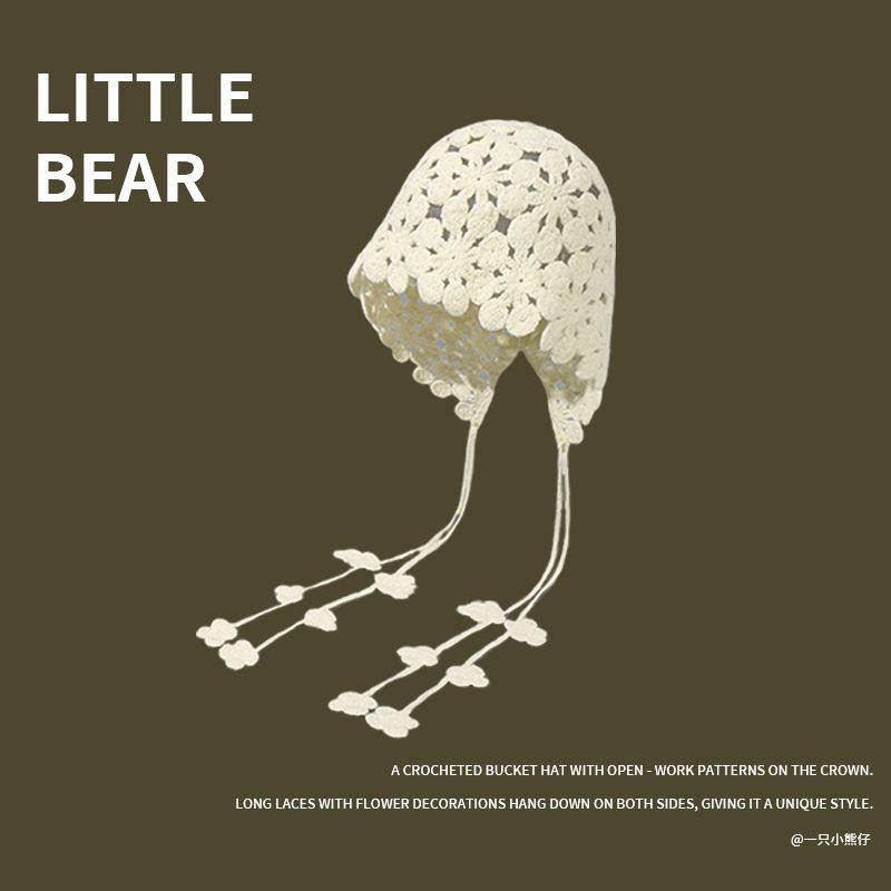 红色镂空花朵包头帽女夏季复古薄款针织套头帽波西米亚风钩花帽子