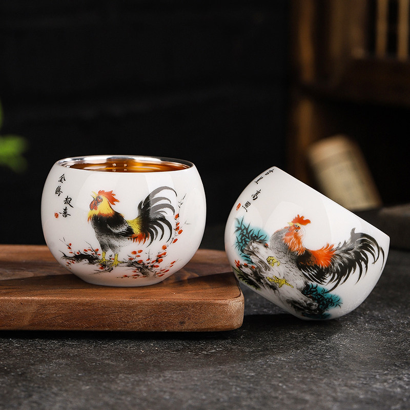 鎏银复古生肖杯茶杯陶瓷公鸡杯