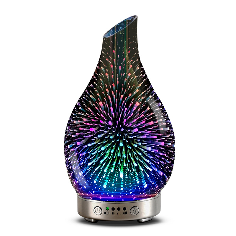 3D斜口烟花玻璃香薰加湿器静音净化空气7彩变换精油扩散器斜口
