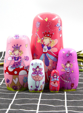 俄罗斯套娃优质五层粉色蝴蝶女孩 儿童玩具木制儿工艺品家居摆件