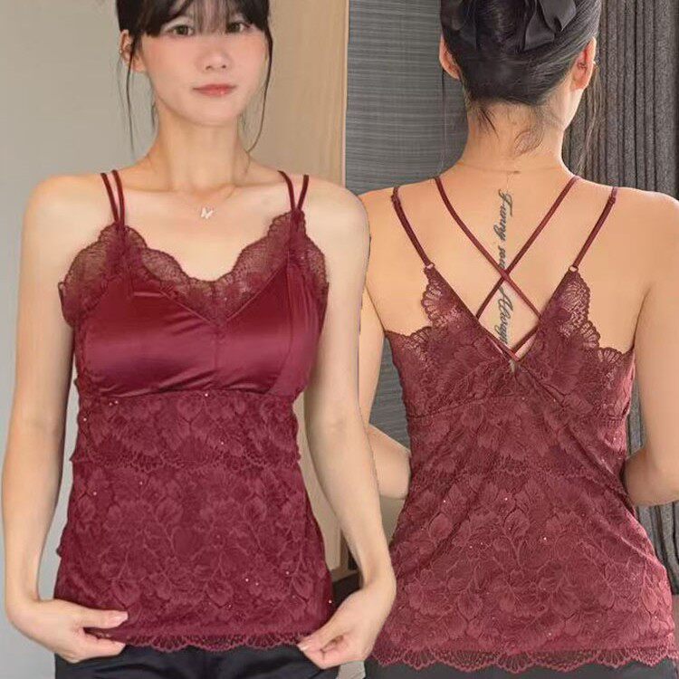 2026春季自带胸垫聚拢莫代尔内衣性感蕾丝双肩带拼缎面吊带背心
