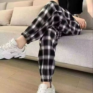 黑白格子印花束脚冰丝雪纺灯笼裤 夏阔腿防晒萝卜哈伦裤 女宽松休闲