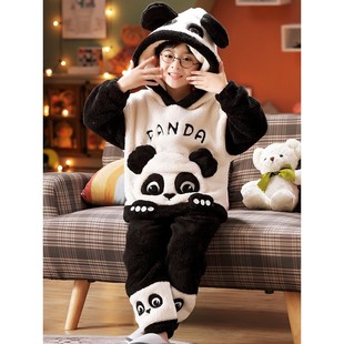 全棉男童睡衣儿童珊瑚绒加厚春秋冬季法兰绒连帽熊猫套装家居服
