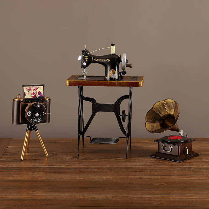 复古老式缝纫机留声机电话机模型摆件铁艺家居装饰品陈列装饰道具
