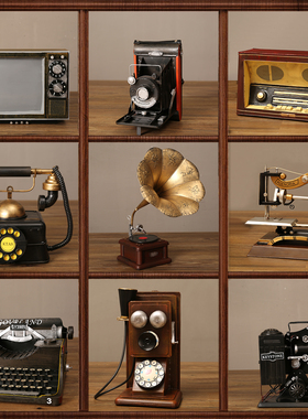 复古怀旧老物件黑白电视机老式收音机留声机电话模型道具装饰摆件