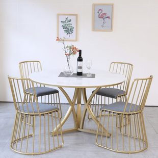 北欧轻奢大理石圆形餐桌现代桌铁艺家用小户型带转盘圆餐桌椅组合