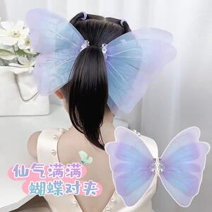 会动的蝴蝶儿童薄纱蝴蝶结对夹超仙立体古风对夹儿童甜美公主头饰