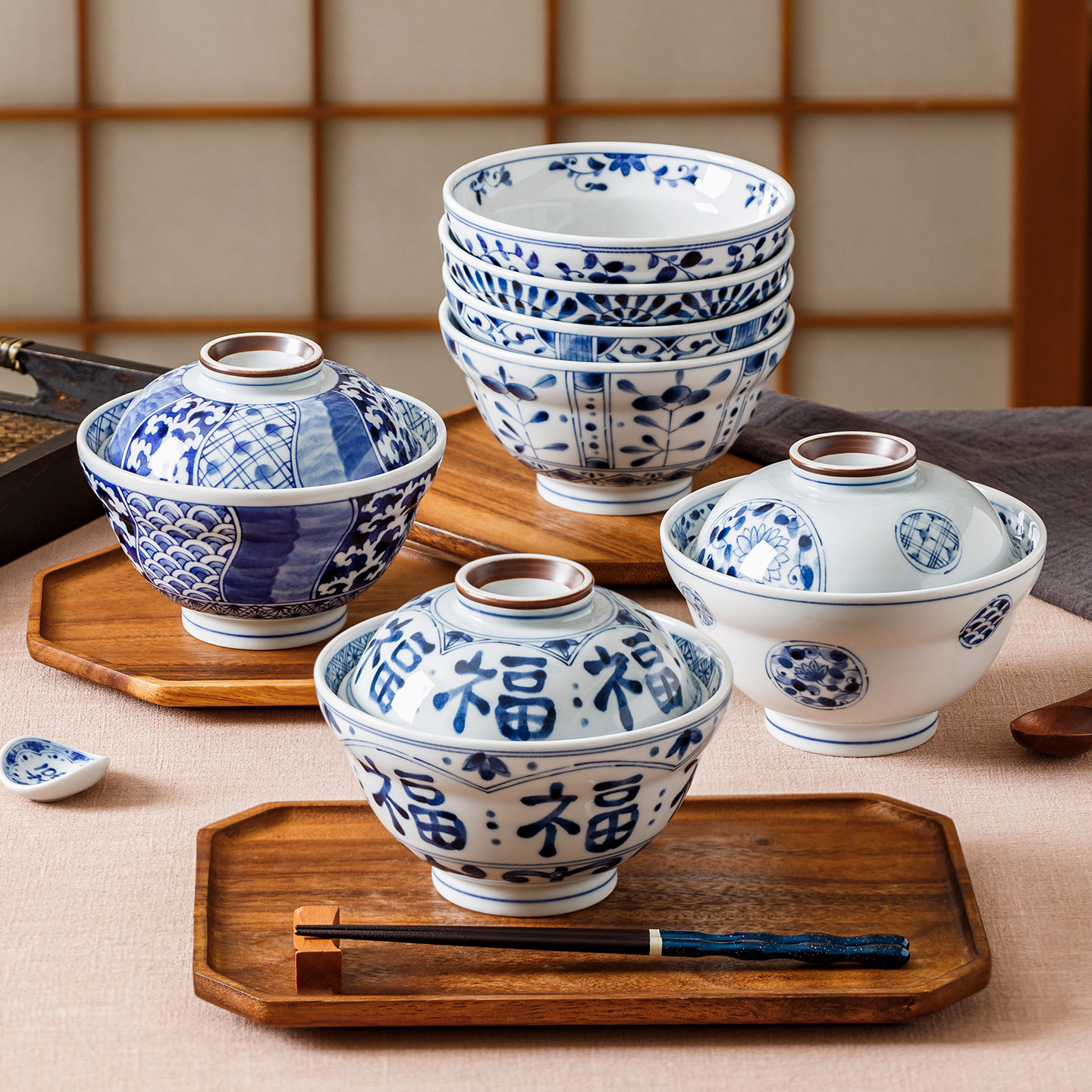 蓝凛堂碗带盖日式青花饭碗 家用盖碗陶瓷蒸碗煲汤碗泡面碗蒸菜碗