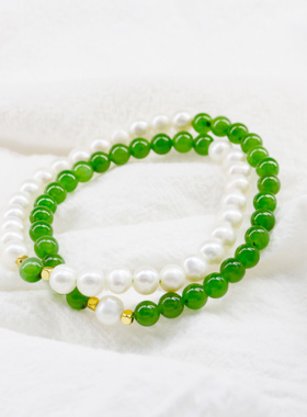 天然碧玉珍珠设计款双圈手串