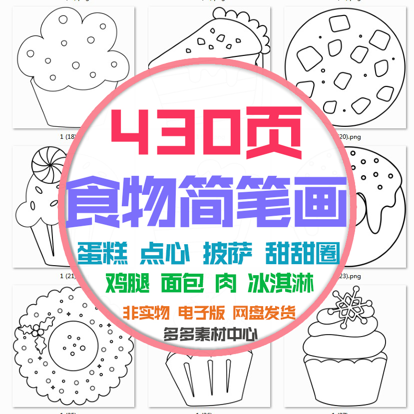 儿童食物简笔画点心汉堡鸡腿冰淇淋面包饮料涂色填色画线稿电子版