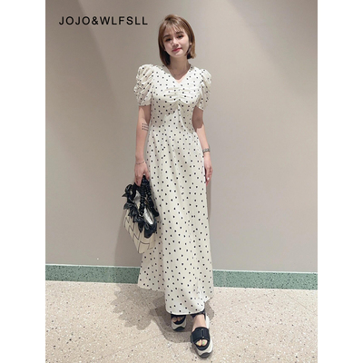 JOJO&WLFSLL女装2026春季新品爱心印花收腰系带V领泡泡袖连衣裙子