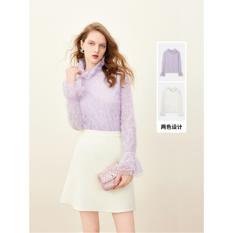 JOJOWLFSLL女装时尚百搭上衣2025秋季新款女装花边领设计感雪纺衫