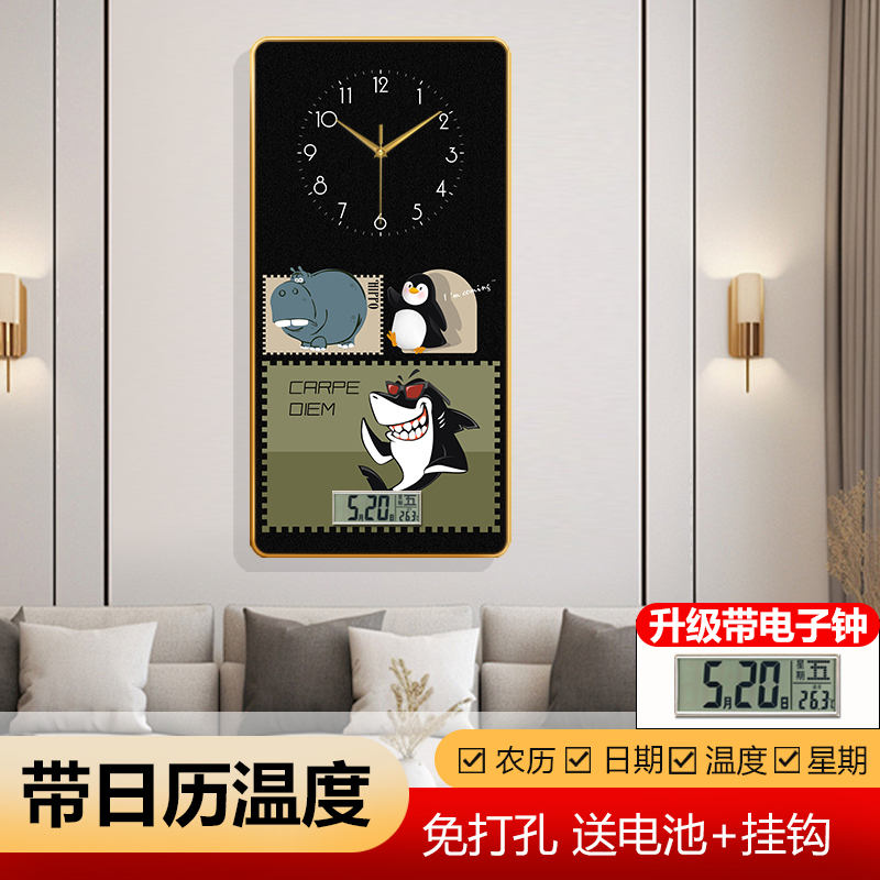 复古免打孔挂画钟表现代装饰画时钟中古风挂钟客厅可爱动物儿童房图片