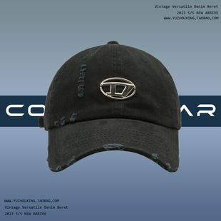 D金属标潮牌棒球帽男女情侣街头破洞嘻哈韩版软顶鸭舌帽显脸小帽