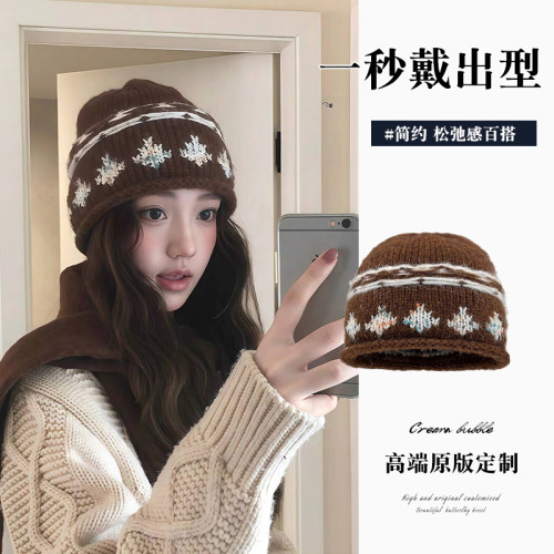 复古提花针织帽女秋冬保暖