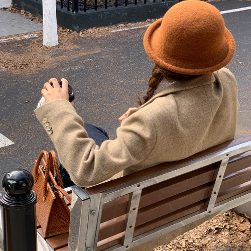 复古赫本风圆顶渔夫帽韩版冬季卷边小礼帽女显脸小羊毛呢千金帽子